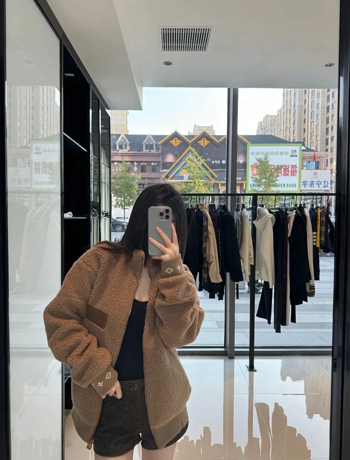 Louis Vuitton/Louis Vuitton 24Fw leather sherpa stand collar jacket